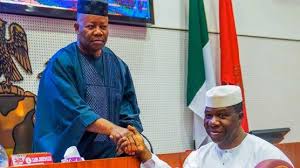 Senators Godswill Akpabio and Opeyemi Bamidele shaking hands